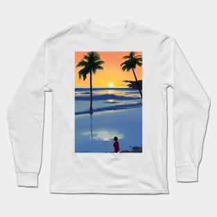 Summer Sunset Kid Palm Tree Beach Ocean Long Sleeve T-Shirt